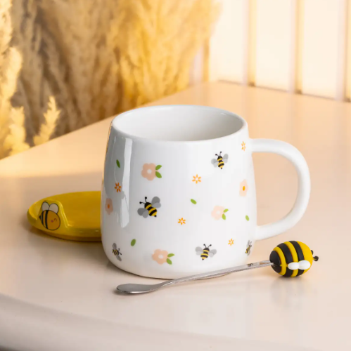 Чашка керамічна Bee 450 мл з кришкою та ложкою, flowers 11000119 фото