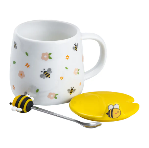 Чашка керамічна Bee 450 мл з кришкою та ложкою, flowers 11000119 фото