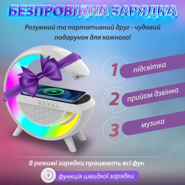 Портативная колонка с RGB-подсветкой BT/TF/Wireless Charger/USB/FM/AUX 5 Вт, белый BT2301W фото